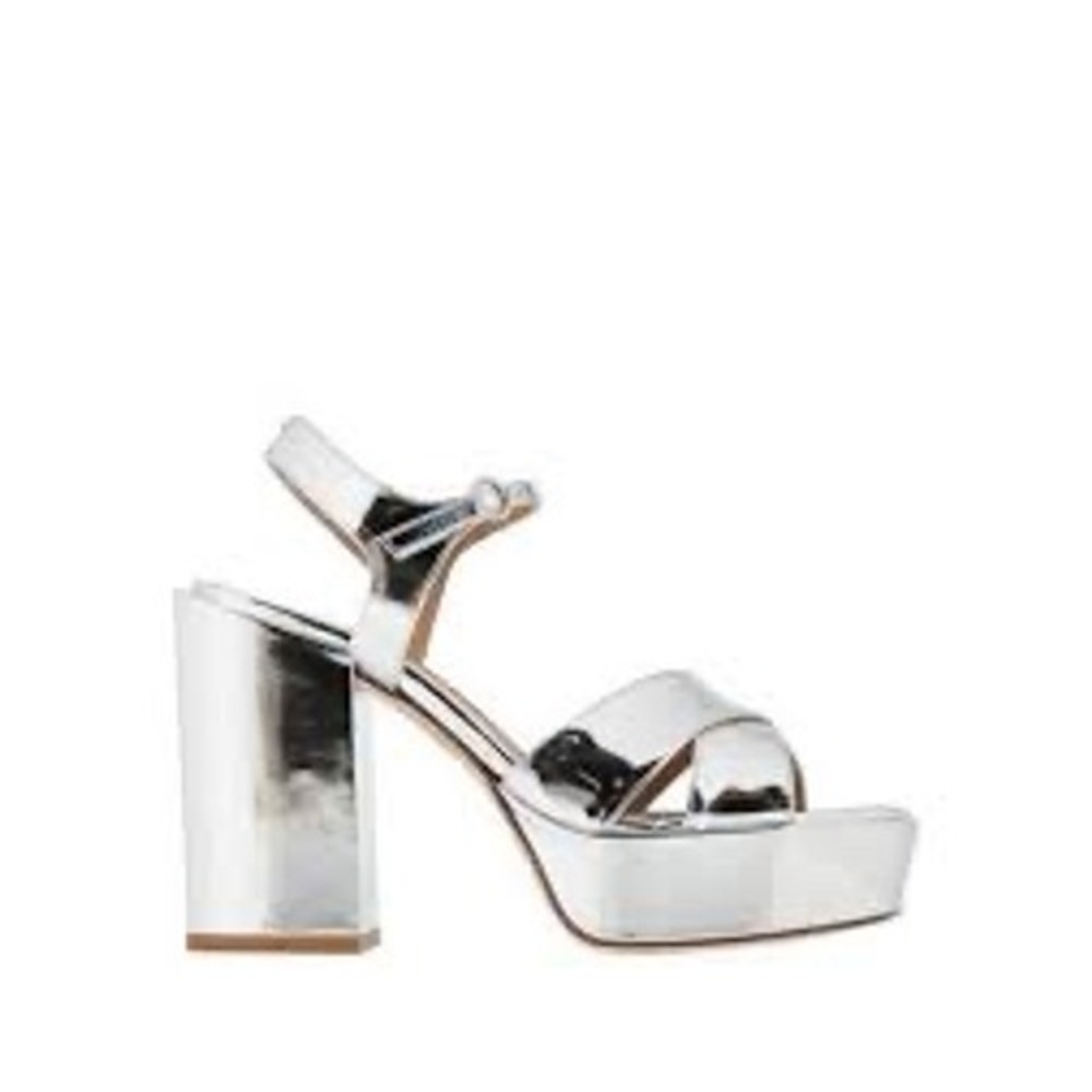 Aeyde Silver Metallic Leather Platform Block Heel Sandals Square Toe Size 38